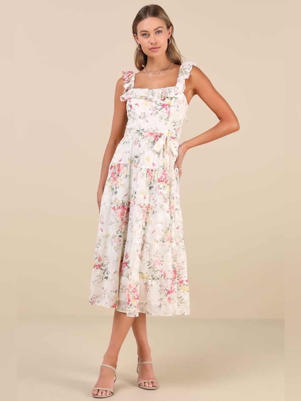 Lulus Shela Ivory Floral Jacquard Tiered Midi Dress Size Small Sleeveless Flirty